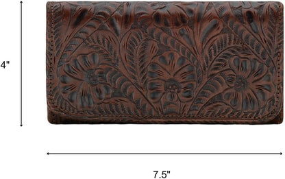 HOTAmerican West Hand Tooled Handcrafted 100% Genuine Leather Tri-Fold Wallet for Women | Credit Card Slots Cash Pocket and Clear ID Holder | Western (Dark Brown)