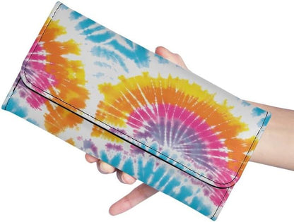 HOTTie Dye Color Slim Long Wallet for Women Hippie Style Colorful Zipper Coin Purse Card Holder, Tie-dye Rainbow Extra Capacity PU Leather Checkbook Wallet with ID Window