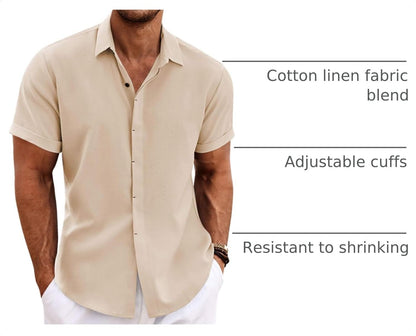 HOTCOOFANDY Men's Linen Shirts Short Sleeve Casual Shirts Button Down Shirt for Men Beach Summer Wedding Shirt