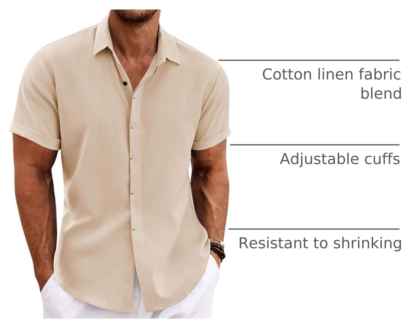 HOTCOOFANDY Men's Linen Shirts Short Sleeve Casual Shirts Button Down Shirt for Men Beach Summer Wedding Shirt