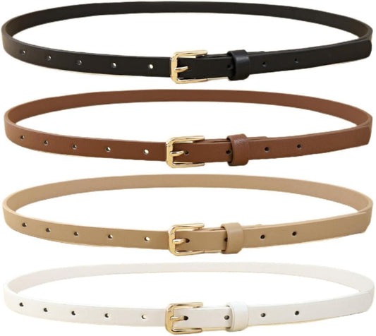 HOTHOTWILL 4 Pack Women Skinny Belts for Jeans Dress Thin Waist Belt | 0.55 in Wide, Black Beige Brown White Faux Leather, Gold Silver Buckle, Fashion Casual Style, Daily Outfits Accessories