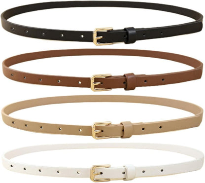 HOTHOTWILL 4 Pack Women Skinny Belts for Jeans Dress Thin Waist Belt | 0.55 in Wide, Black Beige Brown White Faux Leather, Gold Silver Buckle, Fashion Casual Style, Daily Outfits Accessories