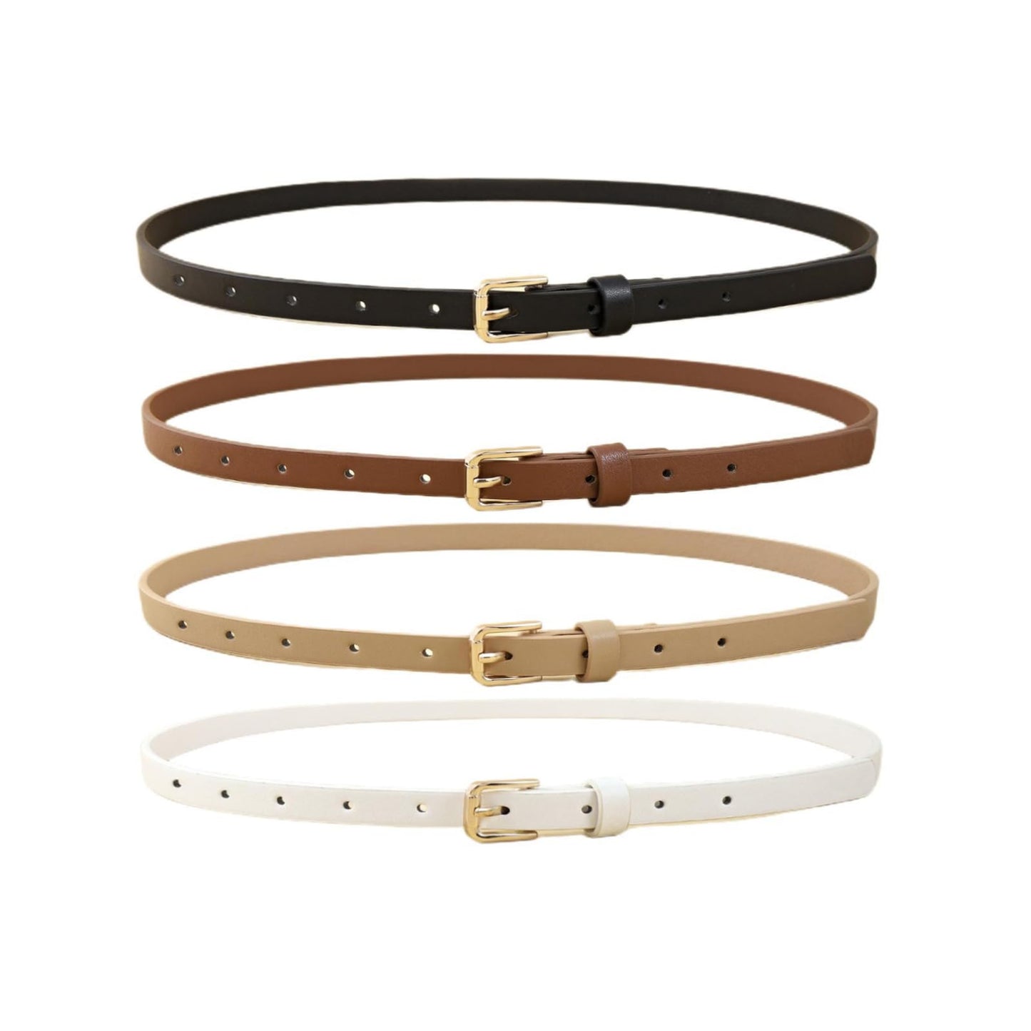 HOTHOTWILL 4 Pack Women Skinny Belts for Jeans Dress Thin Waist Belt | 0.55 in Wide, Black Beige Brown White Faux Leather, Gold Silver Buckle, Fashion Casual Style, Daily Outfits Accessories