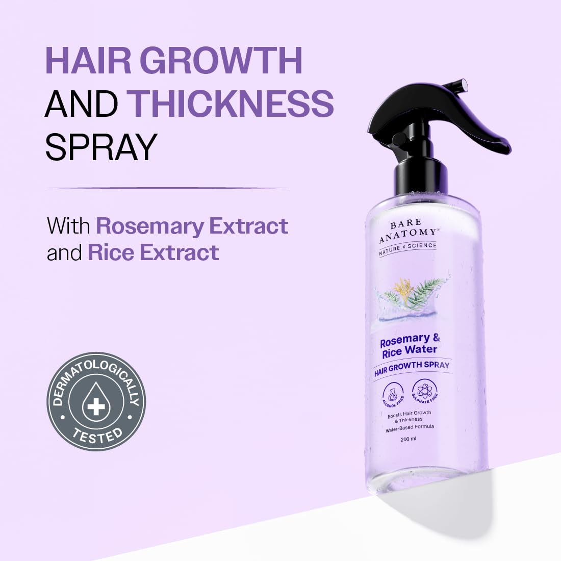 HOTBare Anatomy Nature x Science Rosemary Water Spray for Hair Growth & Hair Thickness with Rice Water |100% Natural Extract | Soft & Smooth Hair| Controls Hairfall| Non-Greasy & Fast Absorbing | 200ml