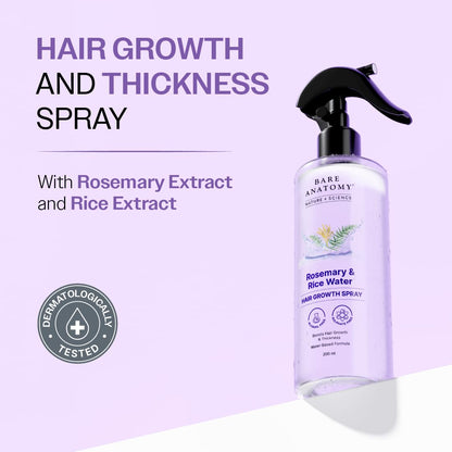 HOTBare Anatomy Nature x Science Rosemary Water Spray for Hair Growth & Hair Thickness with Rice Water |100% Natural Extract | Soft & Smooth Hair| Controls Hairfall| Non-Greasy & Fast Absorbing | 200ml