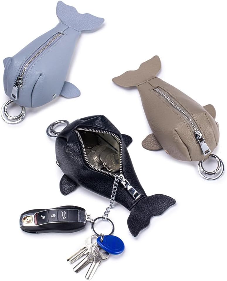 HOTWhale-Shaped Leather Coin Purse Keychain, Cute Animal Pouch for Coins, Keys & Cards, Mini Zippered Key Ring Holder Pendant (Blue)