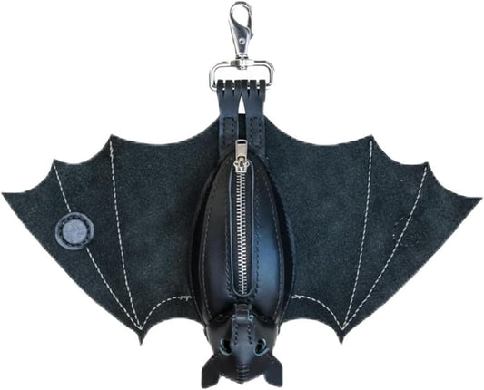 HOTLeather Suede Bat Keychain Wallet, Hand-Sewn Gothic Zippered Keychain Wallet with Wings, Upside-Down Hanging Pouch for Bags & Belts, Unique Gift for Women & Men (1)