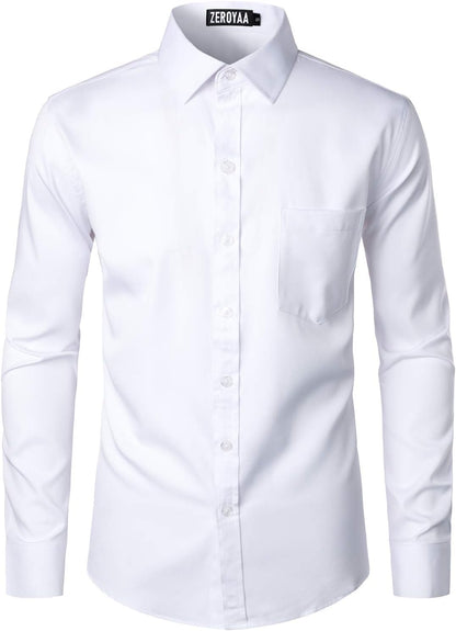 HOTZEROYAA Men's Urban Stylish Casual Business Slim Fit Long Sleeve Button Up Dress Shirt with Pocket