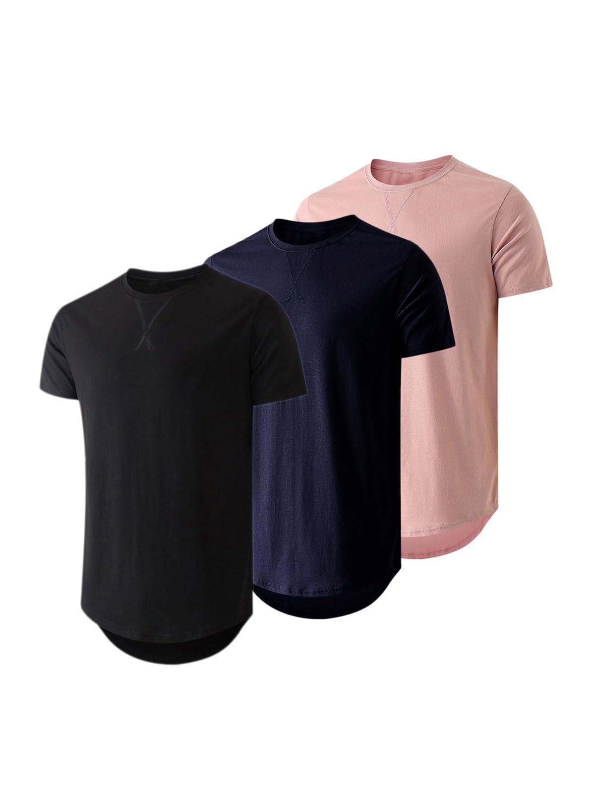 HOTJMIERR Mens 3 Pack Cotton Hipster Hip Hop Longline Crewneck T-Shirt