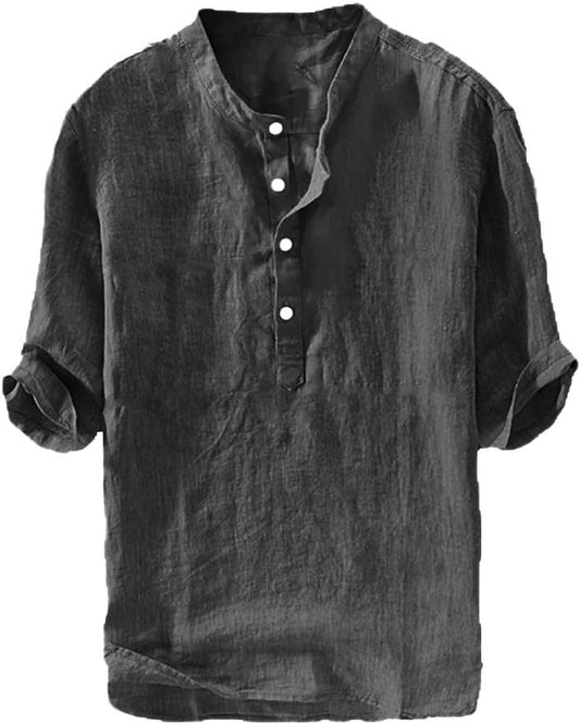 HOTRyannology Mens Linen Shirts Casual Cotton 3/4 Sleeve Regular-Fit Henley T-Shirt Summer Lightweight Beach Yoga Tops