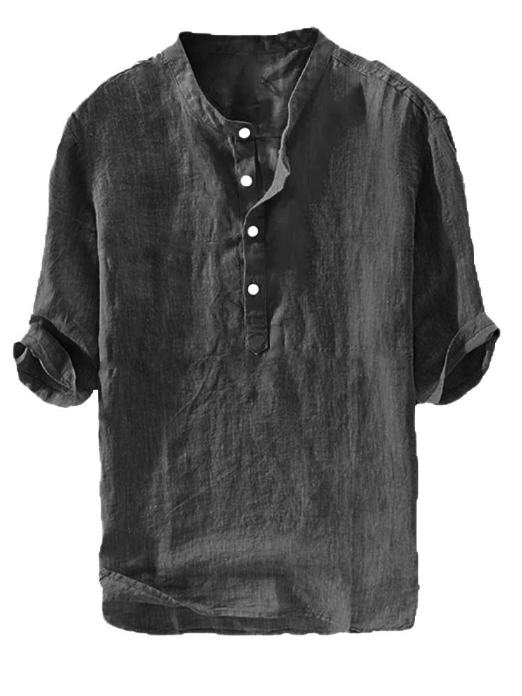 HOTRyannology Mens Linen Shirts Casual Cotton 3/4 Sleeve Regular-Fit Henley T-Shirt Summer Lightweight Beach Yoga Tops