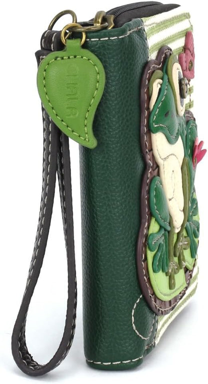 HOTCHALA Zip Around Wallet, Wristlet, 8 Credit Card Slots, Sturdy Pu Leather - Lily Frog - green stripe