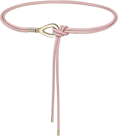 HOTWomen Knotted Skinny PU Leather Waist Belt Gold Buckle for Dresses