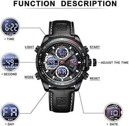 HOTNAVIFORCE Men's Military Digital Watches Analog Quartz Waterproof Watch Sport Multifunctional Leather Wristwatch