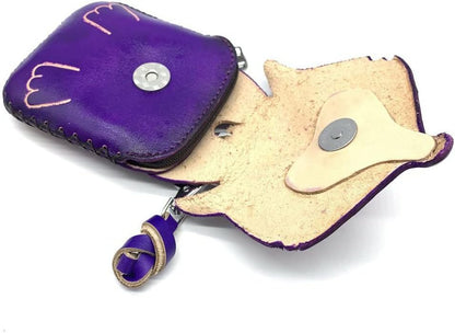 HOTHandmade Vintage Genuine Leather 3D Fox Animal Coin Purse With Removable Wrist Strap (Purple)
