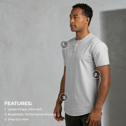 HOTBYLT Drop-Cut Henley Shirts for Men, 3-Button Closure, Short Sleeve, Casual T-Shirt, Soft & Breathable, Wrinkle Resistant