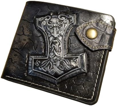 HOTCeltic Style, Mjolnir, Thor Hammer, Crow, Raven, Odin, Norse Knots, Viking, Men's 3D Genuine Leather Wallet, Handmade wallet, Carved wallet, Tooled wallet, Bifold wallet, Custom Personalized wallet