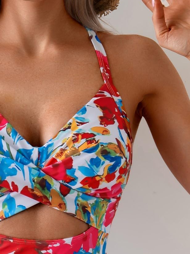 HOTB2prity Women Cutout One Piece Skirt Swimsuit V Neck Wrap Tie Back Swimdress Tummy Control Bathing Suits Slimming Swimwear