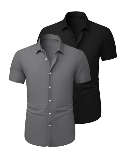 HOTJMIERR Men's Muscle Fit High Stretch Wrinkle-Free Button Down Dress Shirts Summer Casual Short Sleeve Shirt