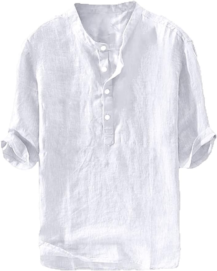 HOTRyannology Mens Linen Shirts Casual Cotton 3/4 Sleeve Regular-Fit Henley T-Shirt Summer Lightweight Beach Yoga Tops