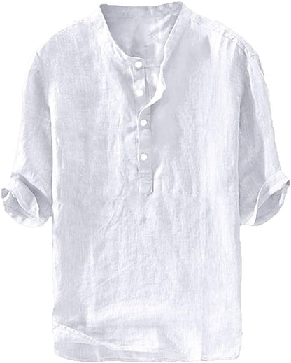 HOTRyannology Mens Linen Shirts Casual Cotton 3/4 Sleeve Regular-Fit Henley T-Shirt Summer Lightweight Beach Yoga Tops