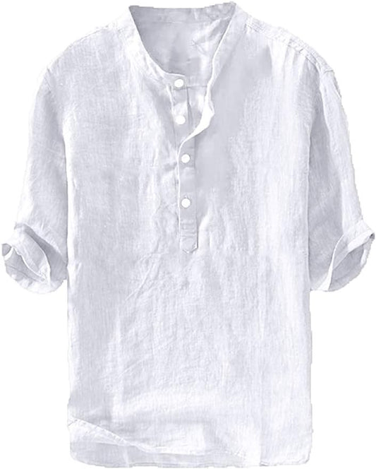 HOTRyannology Mens Linen Shirts Casual Cotton 3/4 Sleeve Regular-Fit Henley T-Shirt Summer Lightweight Beach Yoga Tops