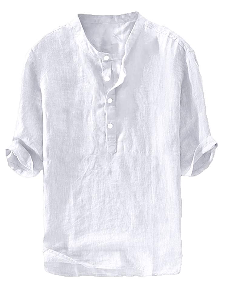 HOTRyannology Mens Linen Shirts Casual Cotton 3/4 Sleeve Regular-Fit Henley T-Shirt Summer Lightweight Beach Yoga Tops