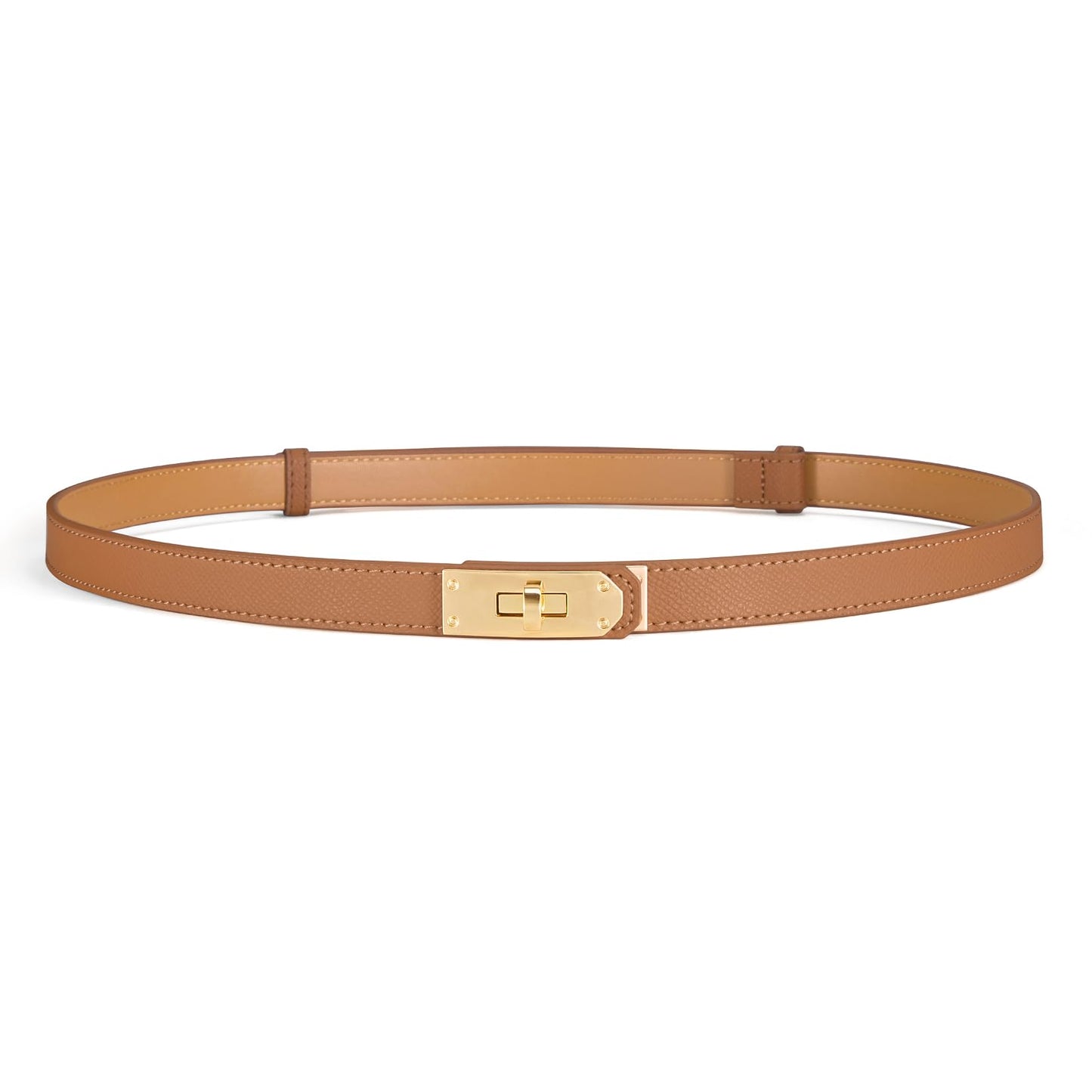 HOTWomen’s Skinny Leather Belt with Gold or Silver Turn-Lock Buckle – Adjustable Thin Belt for Dresses, Office & Wedding