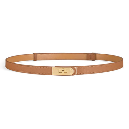 HOTWomen’s Skinny Leather Belt with Gold or Silver Turn-Lock Buckle – Adjustable Thin Belt for Dresses, Office & Wedding