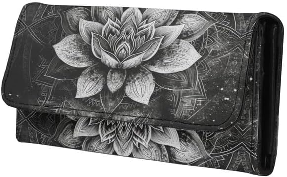 HOTLotus Mandala Women PU Leather Tri-fold Wallets Black And White Sketch Flower Zipper Pocket Buckle Money Manager Starry Sky Tall Billfold Secretary Cash Wallet