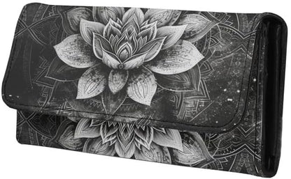 HOTLotus Mandala Women PU Leather Tri-fold Wallets Black And White Sketch Flower Zipper Pocket Buckle Money Manager Starry Sky Tall Billfold Secretary Cash Wallet