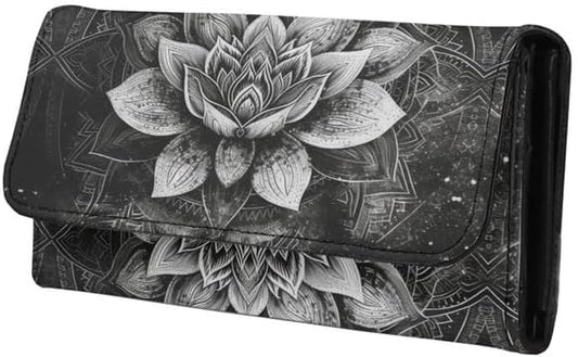 HOTLotus Mandala Women PU Leather Tri-fold Wallets Black And White Sketch Flower Zipper Pocket Buckle Money Manager Starry Sky Tall Billfold Secretary Cash Wallet