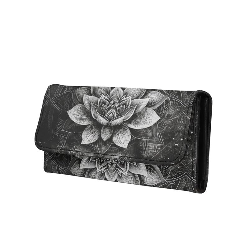 HOTLotus Mandala Women PU Leather Tri-fold Wallets Black And White Sketch Flower Zipper Pocket Buckle Money Manager Starry Sky Tall Billfold Secretary Cash Wallet