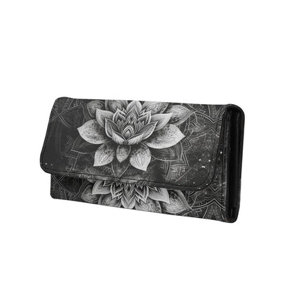 HOTLotus Mandala Women PU Leather Tri-fold Wallets Black And White Sketch Flower Zipper Pocket Buckle Money Manager Starry Sky Tall Billfold Secretary Cash Wallet