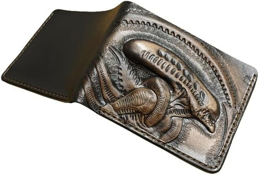 HOTMen's 3D Genuine Leather Wallet, Hand-Carved, Hand-Painted, Leather Carving, Custom wallet, Personalized wallet, Alien