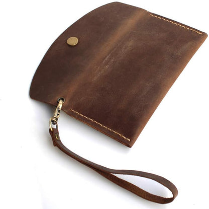 HOTHandmade Leather Wristlet Wallet with Card Slots Retro Multi-function Envelope Mobile Phone Card Holder Clutch Wallet with Hand Wrist Lanyard