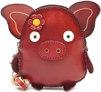 HOTVintage Genuine Leather 3D Animal Pig Coin Purse with keyring & Removable wrist strap (Red)
