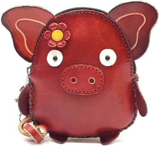 HOTVintage Genuine Leather 3D Animal Pig Coin Purse with keyring & Removable wrist strap (Red)