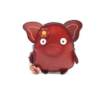 HOTVintage Genuine Leather 3D Animal Pig Coin Purse with keyring & Removable wrist strap (Red)