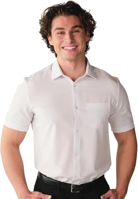 HOT&COLLAR Mens Short Sleeve White Dress Shirt, Slim and Athletic Fit | 4 way stretch, wrinkle resistant, stain guard, breathable, machine washable, office and church ready