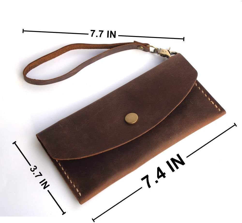 HOTHandmade Leather Wristlet Wallet with Card Slots Retro Multi-function Envelope Mobile Phone Card Holder Clutch Wallet with Hand Wrist Lanyard
