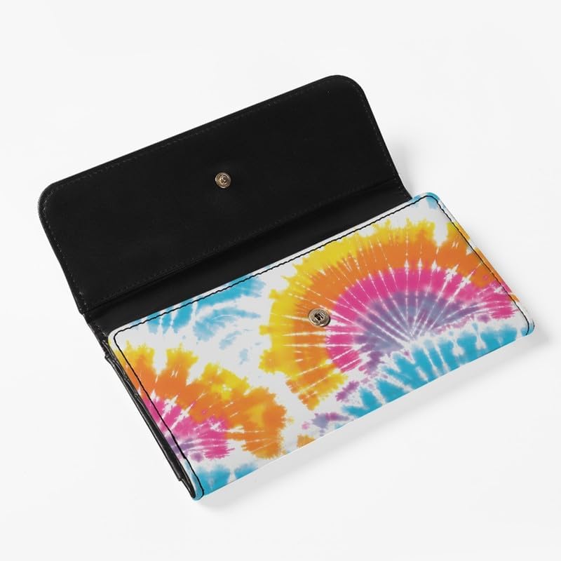 HOTTie Dye Color Slim Long Wallet for Women Hippie Style Colorful Zipper Coin Purse Card Holder, Tie-dye Rainbow Extra Capacity PU Leather Checkbook Wallet with ID Window