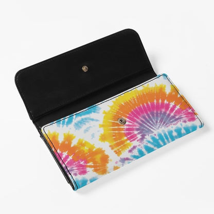 HOTTie Dye Color Slim Long Wallet for Women Hippie Style Colorful Zipper Coin Purse Card Holder, Tie-dye Rainbow Extra Capacity PU Leather Checkbook Wallet with ID Window