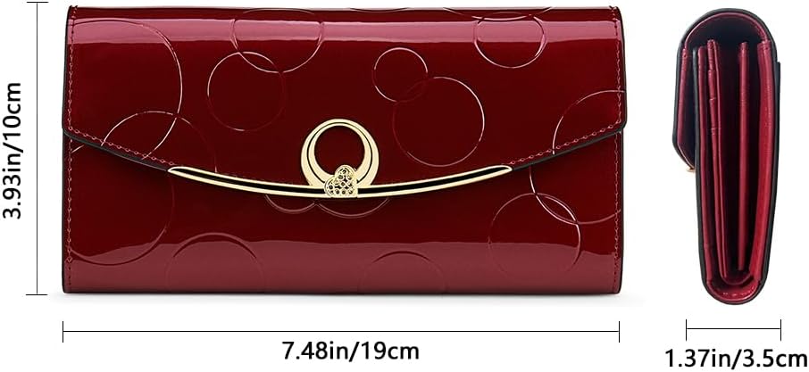 HOTWallet Women's Genuine Leather Long Three Fold Wallet Bright Leather Large Capacity Buckle, Circled Embossed Pattern, RFID and Magnetic Anti Theft (Wine Red)