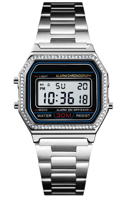 HOTPASOY Men's Digital Gold Stainless Steel Watch Backlit Multifunction Stopwatch Waterproof Sport Watches