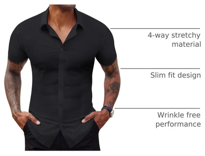 HOTLion Nardo Stretch Dress Shirts for Men Short Sleeve Slim Fit Casual Button Down Shirts Muscle Fit Men's Dress Shirts