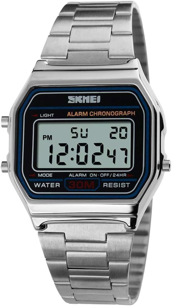 HOTSNE Men's Digital Watch Stainless Steel Band Water Resistant Electronic Square LED Back Light Wristwatch