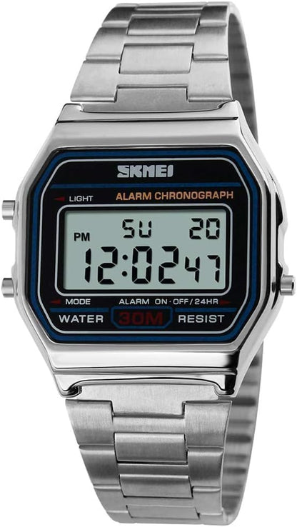 HOTSNE Men's Digital Watch Stainless Steel Band Water Resistant Electronic Square LED Back Light Wristwatch