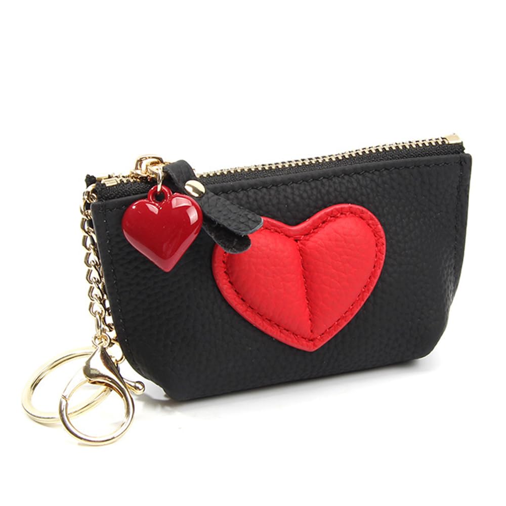 HOTRejolly Coin Pouch Purse for Women Girls Real Leather Mini Change Wallet With Keychain Key Ring Cute Heart Attachment for Purse Cream White