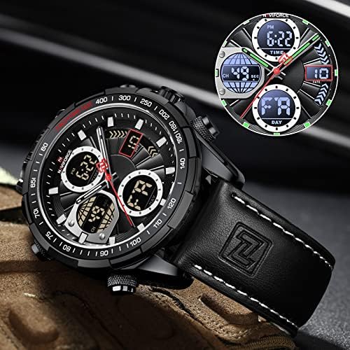 HOTNAVIFORCE Men's Military Digital Watches Analog Quartz Waterproof Watch Sport Multifunctional Leather Wristwatch